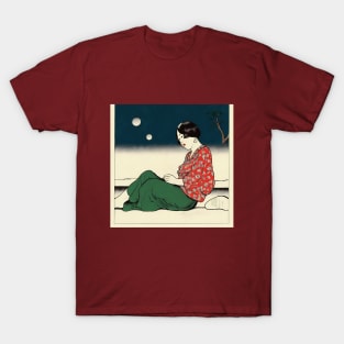 Pensive asian woman sitting on the floor T-Shirt